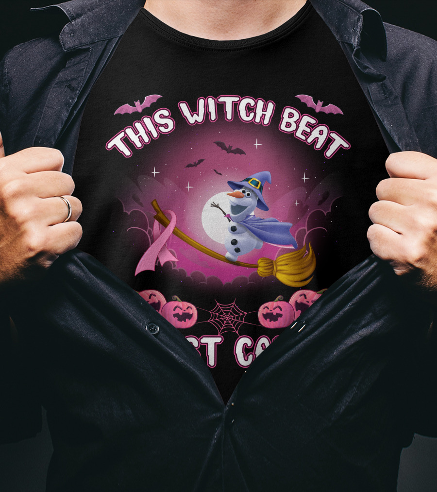 This Witch Beat Breast Cancer Olaf Broomstick Pink Ribbon Halloween Pumpkin Bat Moon T-Shirt