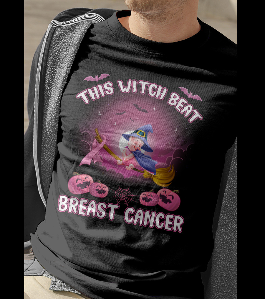 This Witch Beat Breast Cancer Piglet Halloween Pumpkins Broomstick Moon Bats T-Shirt