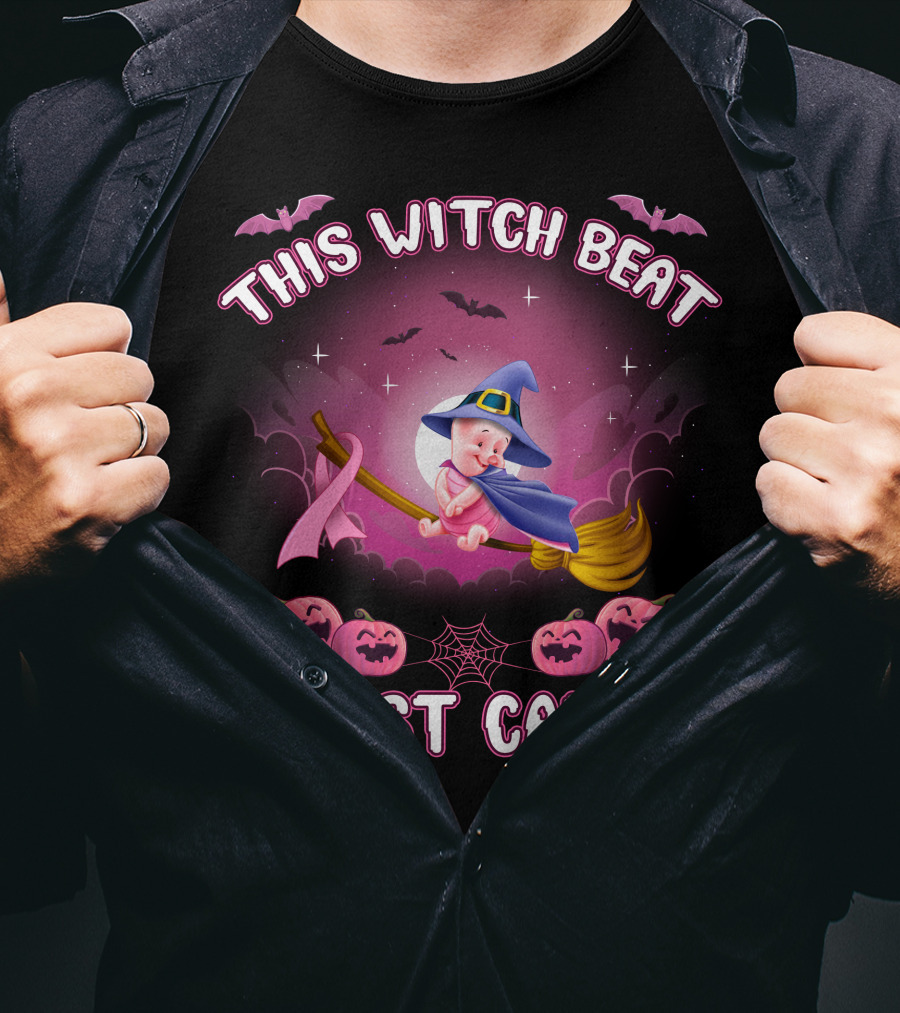 This Witch Beat Breast Cancer Piglet Halloween Pumpkins Broomstick Moon Bats T-Shirt