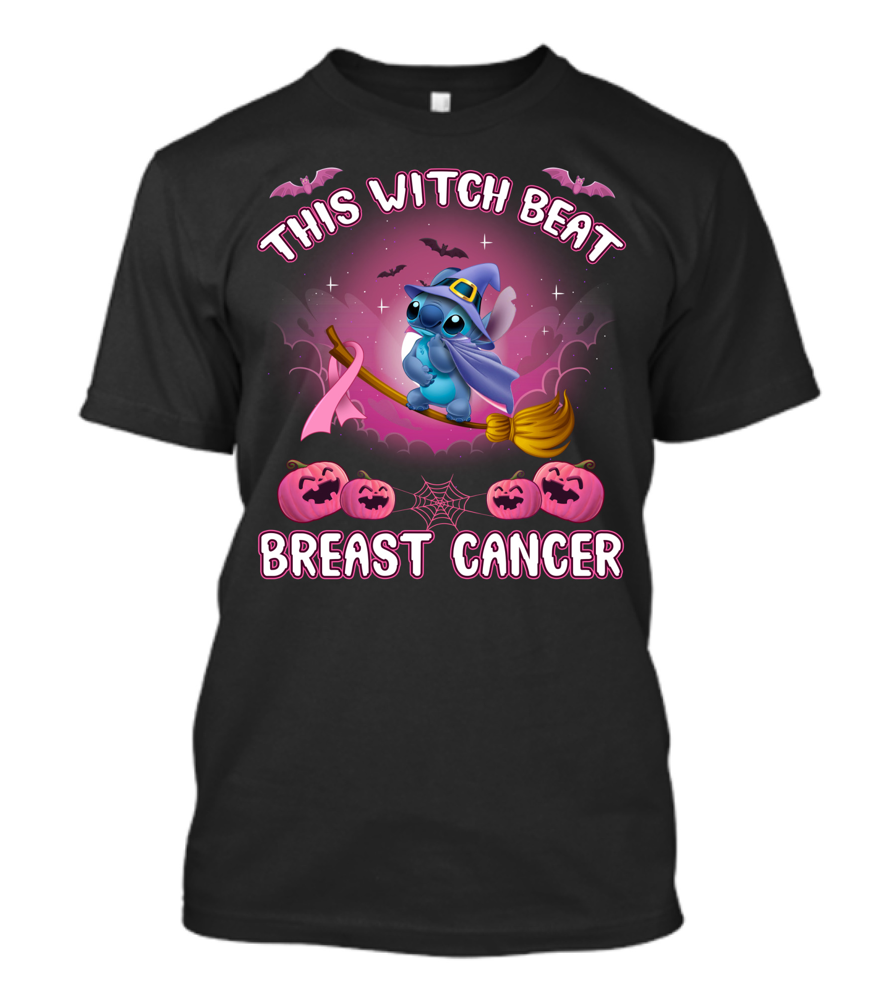 This Witch Beat Breast Cancer Stitch Riding Broom With Pumpkins And Bats T-Shirt