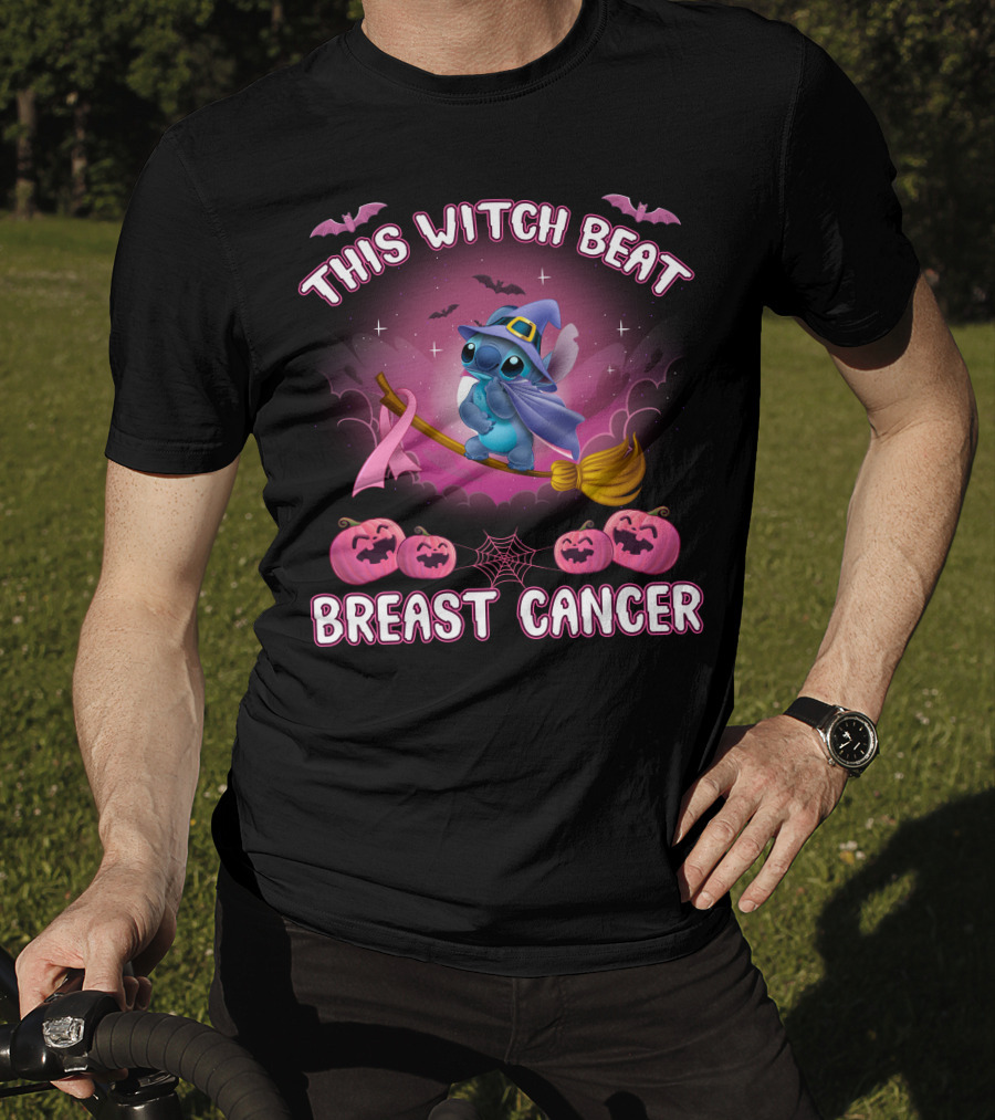 This Witch Beat Breast Cancer Stitch Riding Broom With Pumpkins And Bats T-Shirt