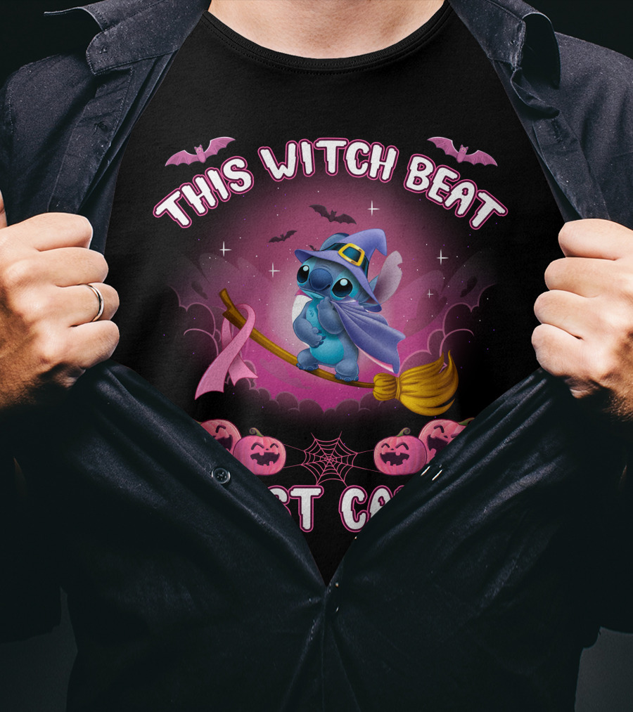 This Witch Beat Breast Cancer Stitch Riding Broom With Pumpkins And Bats T-Shirt