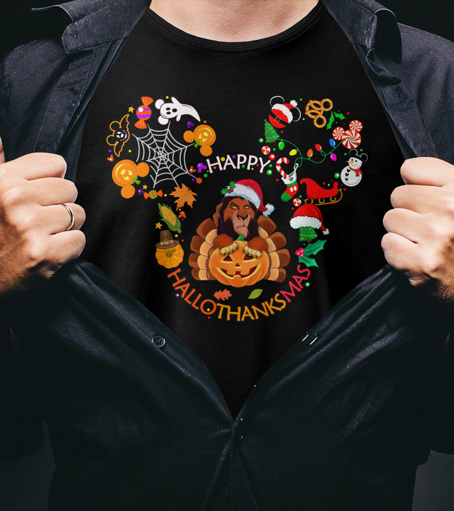Happy Hallothanksmas Scar Disney Halloween Christmas Thanksgiving T-Shirt