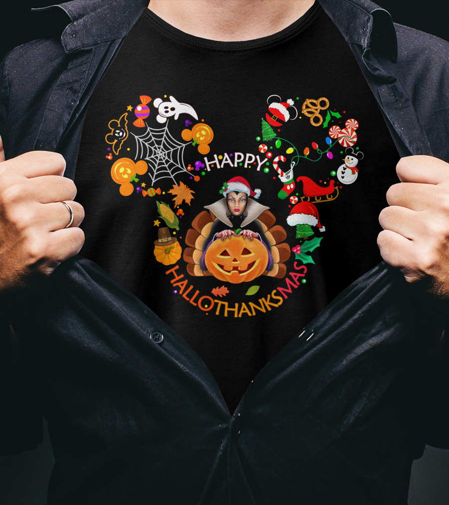 Happy Hallothanksmas Evil Queen Pumpkin Santa Hat T-Shirt