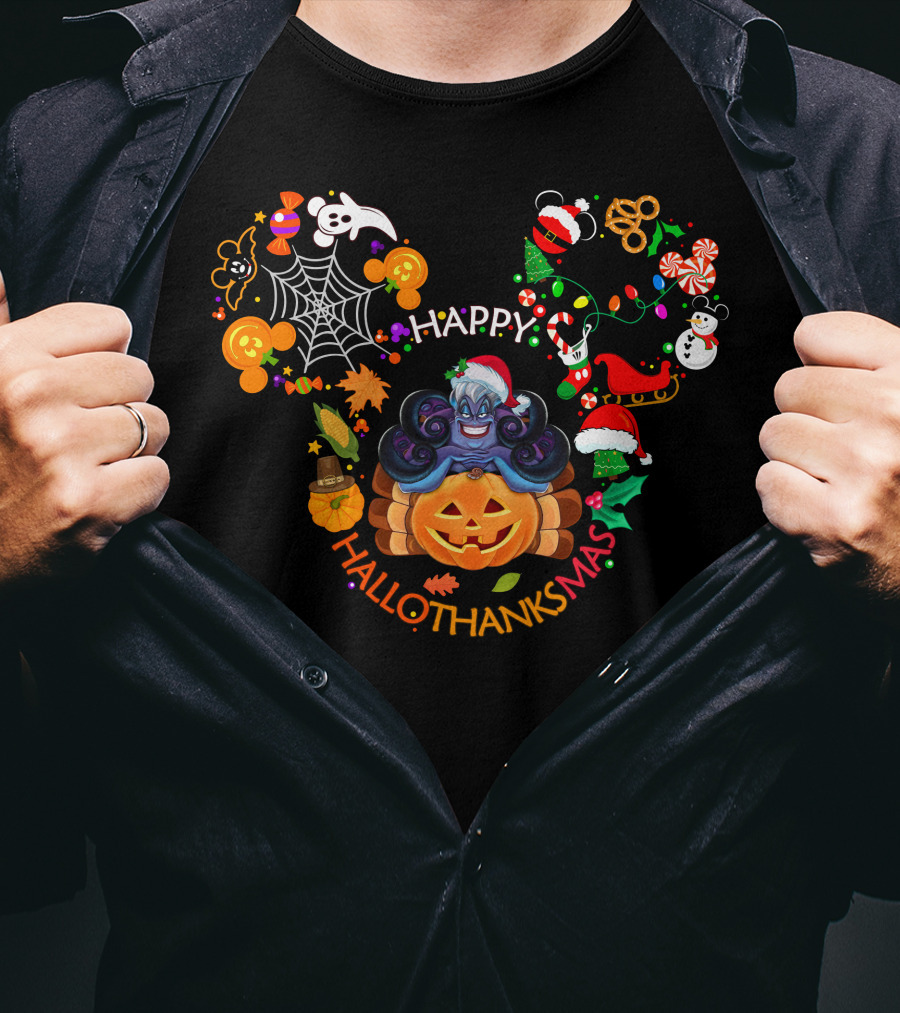 Happy Hallothanksmas Ursula Disney Pumpkin Halloween Thanksgiving Christmas Mickey Mouse T-Shirt