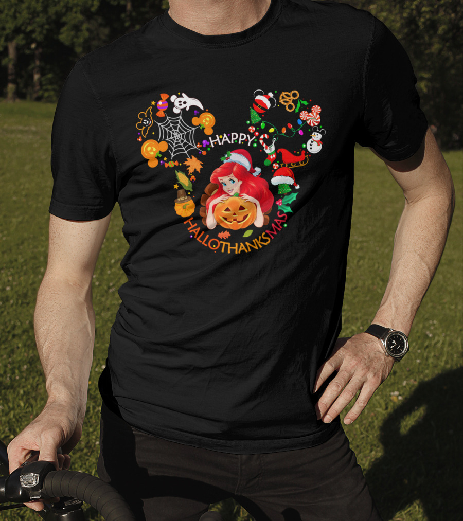 Happy Hallothanksmas Ariel Pumpkin Christmas Halloween Elements T-Shirt