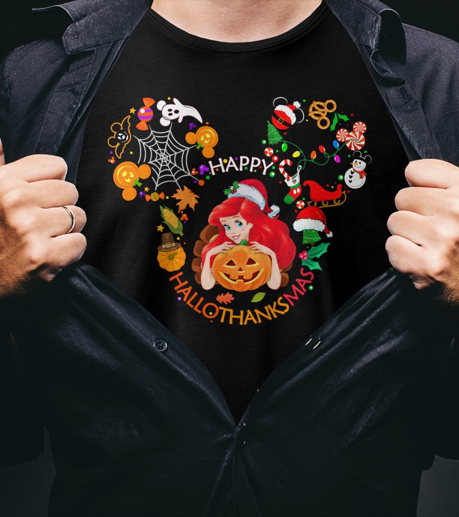 Happy Hallothanksmas Ariel Pumpkin Christmas Halloween Elements T-Shirt