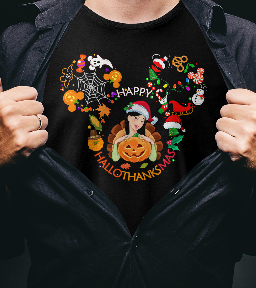 Mulan Happy Hallothanksmas Mickey Pumpkin Halloween Thanksgiving Christmas T-Shirt