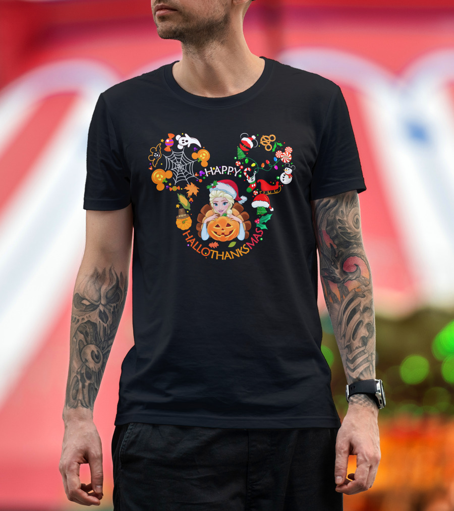 Happy Hallothanksmas Elsa Pumpkin Santa Hat Snowflakes Holiday Fusion T-Shirt