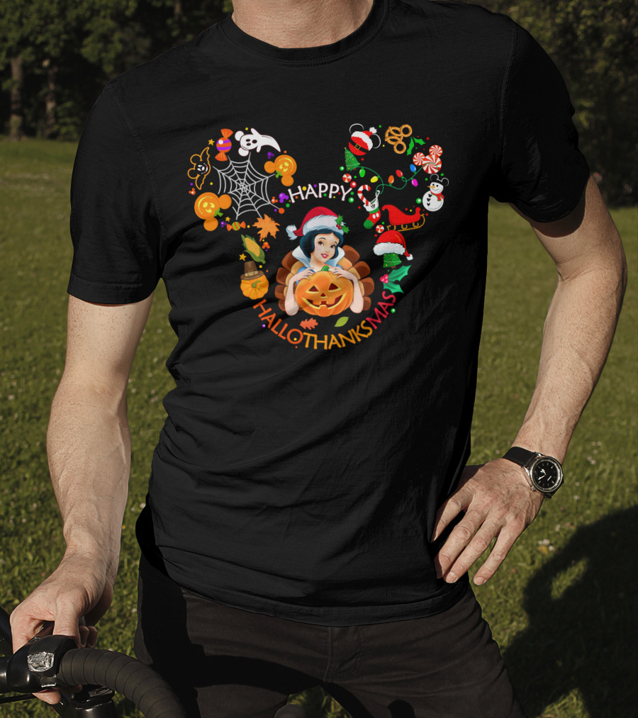 Happy Hallothanksmas Snow White Pumpkin Candy Cane Holly Snowman T-Shirt