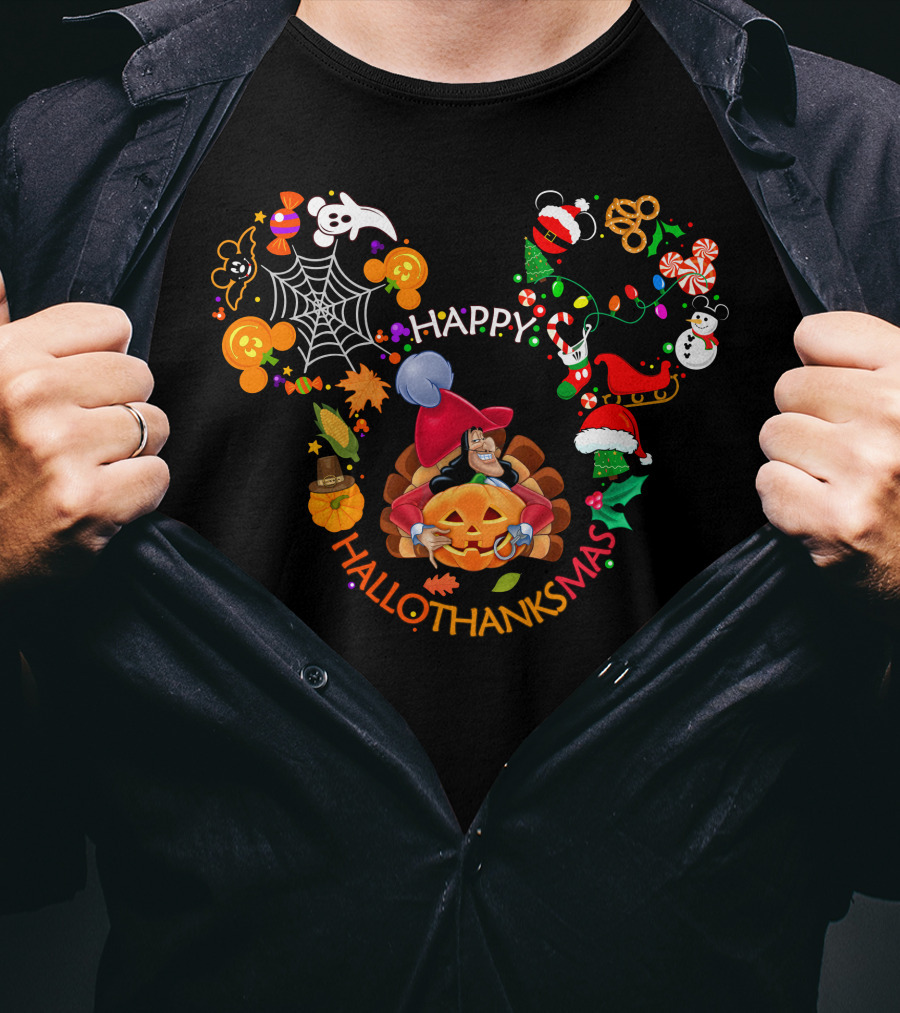 Happy Hallothanksmas Captain Hook Mickey Ears Halloween Thanksgiving Christmas Celebration T-Shirt