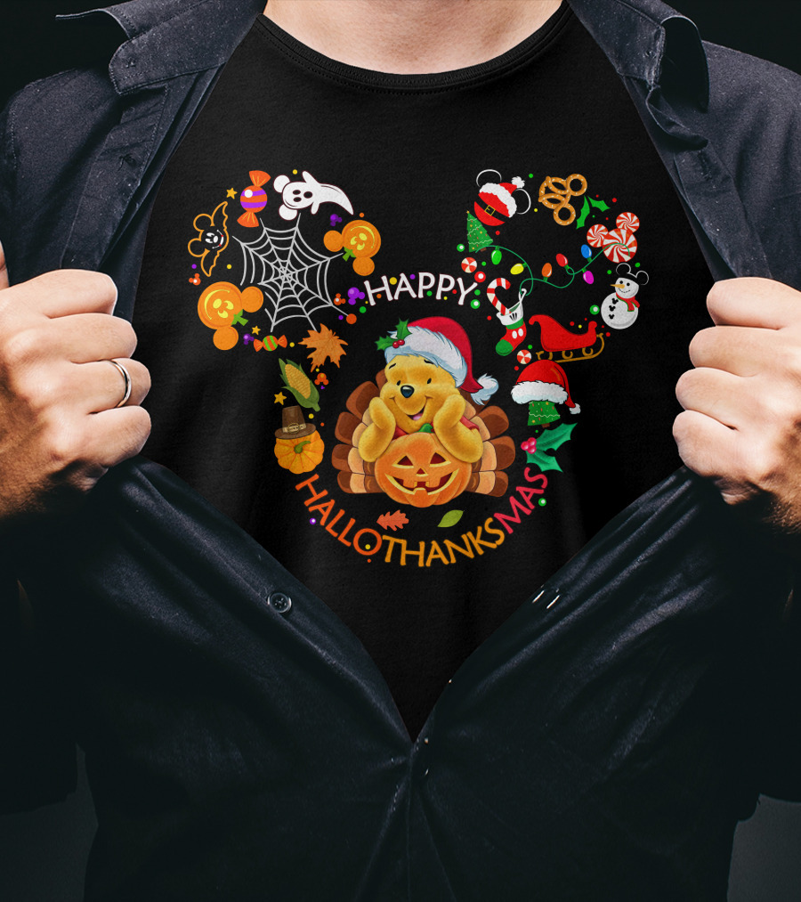 Happy Hallothanksmas Pooh Holiday Celebration T-Shirt