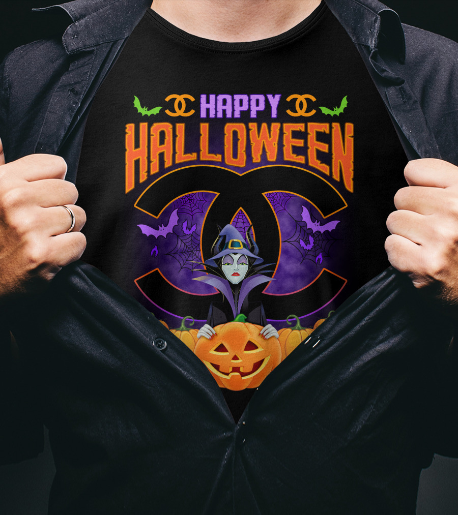 Happy Halloween Maleficent Pumpkins Bats Spiderwebs Double C T-Shirt