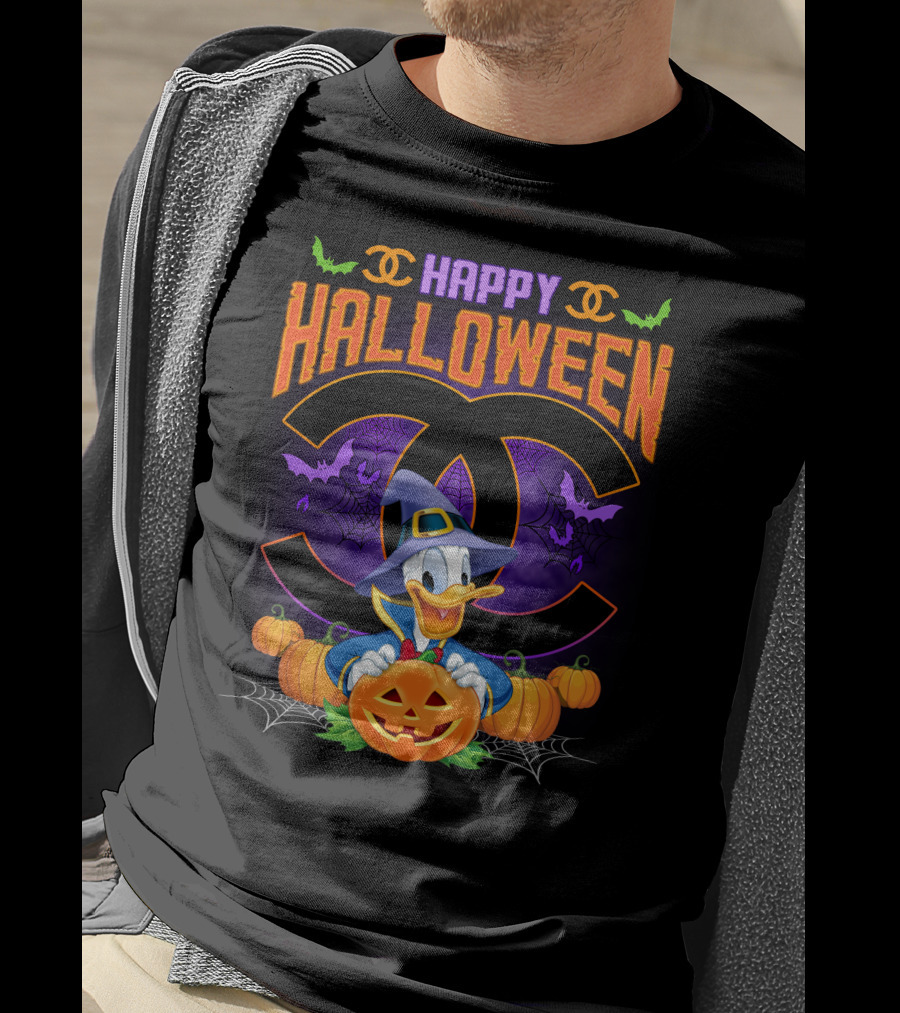 Happy Halloween Donald Duck Witch Pumpkin Bat Spiderwebs T-Shirt