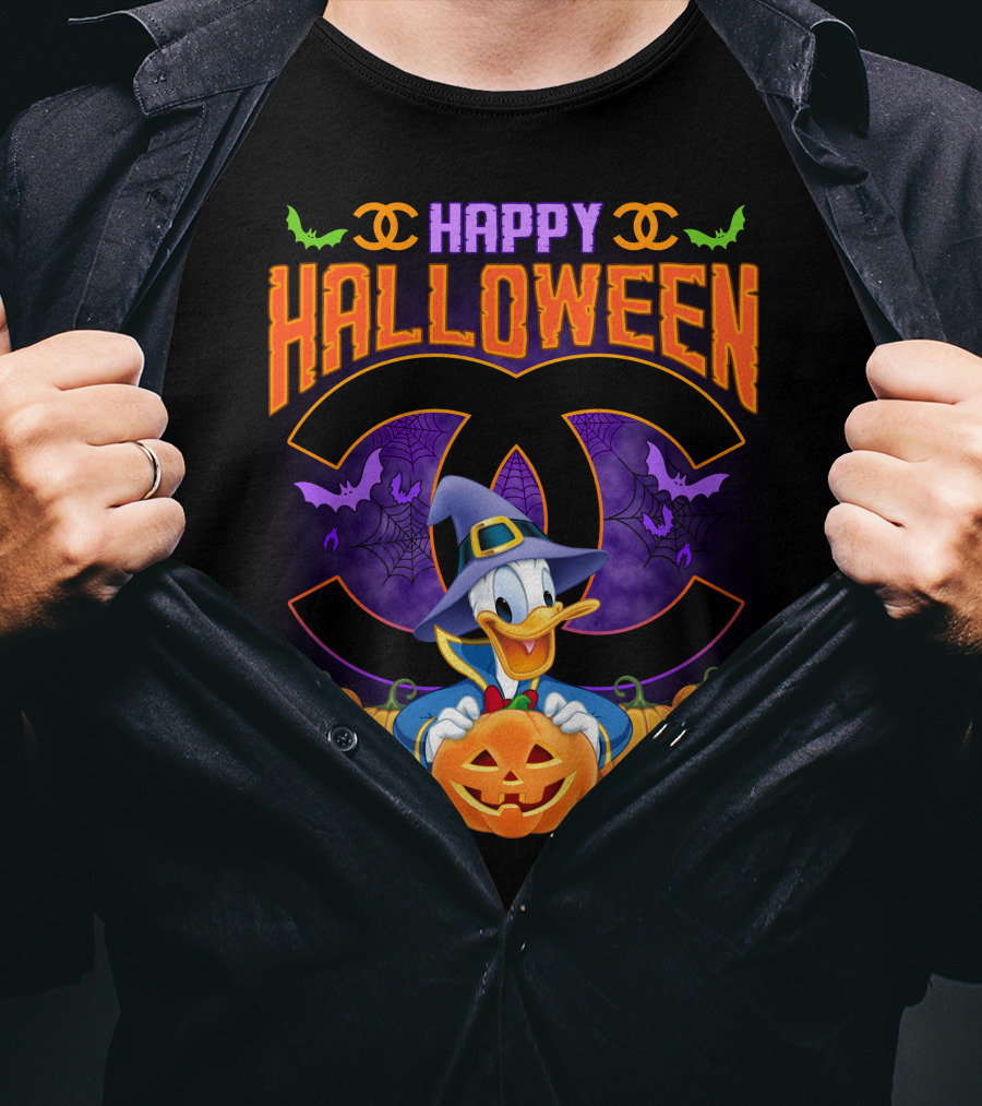 Happy Halloween Donald Duck Witch Pumpkin Bat Spiderwebs T-Shirt