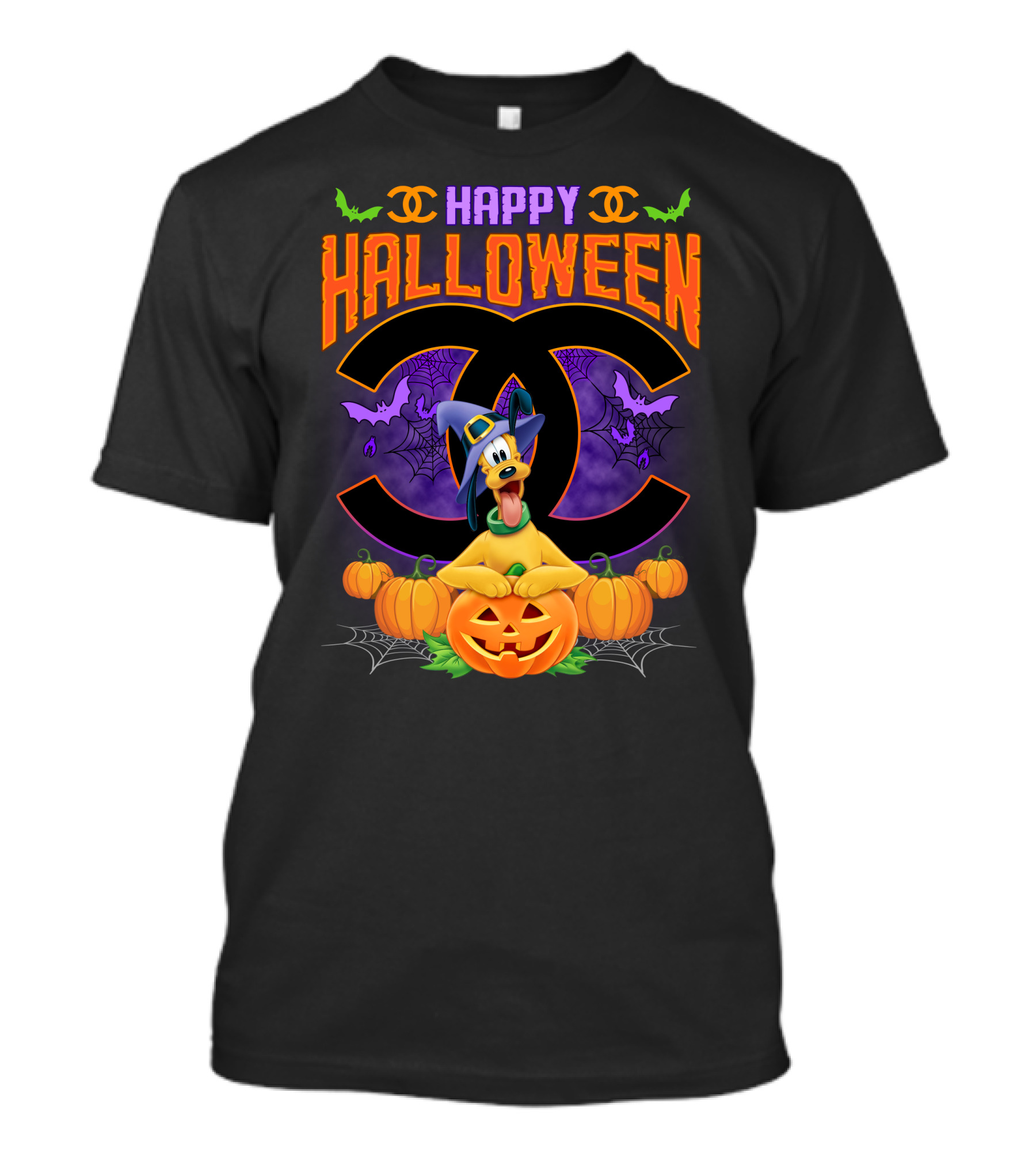 Happy Halloween Pluto Pumpkins Bat Symbols And Spider Webs T-Shirt