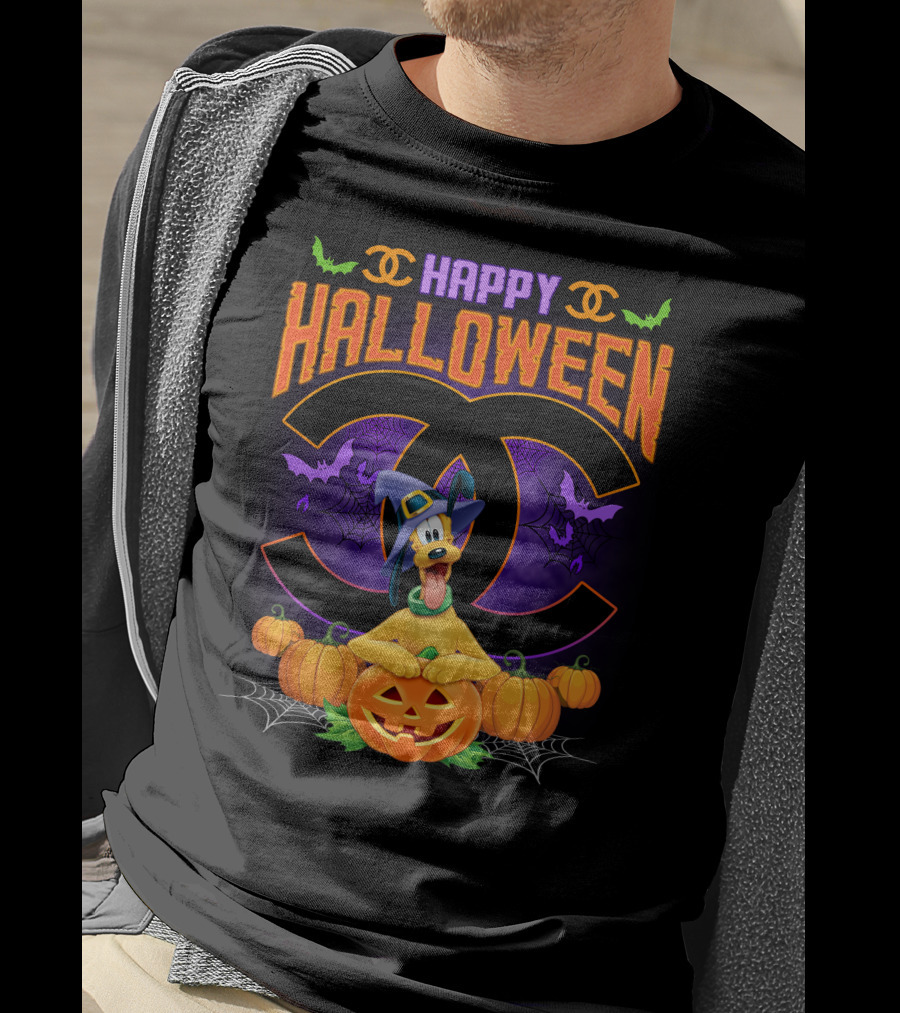 Happy Halloween Pluto Pumpkins Bat Symbols And Spider Webs T-Shirt