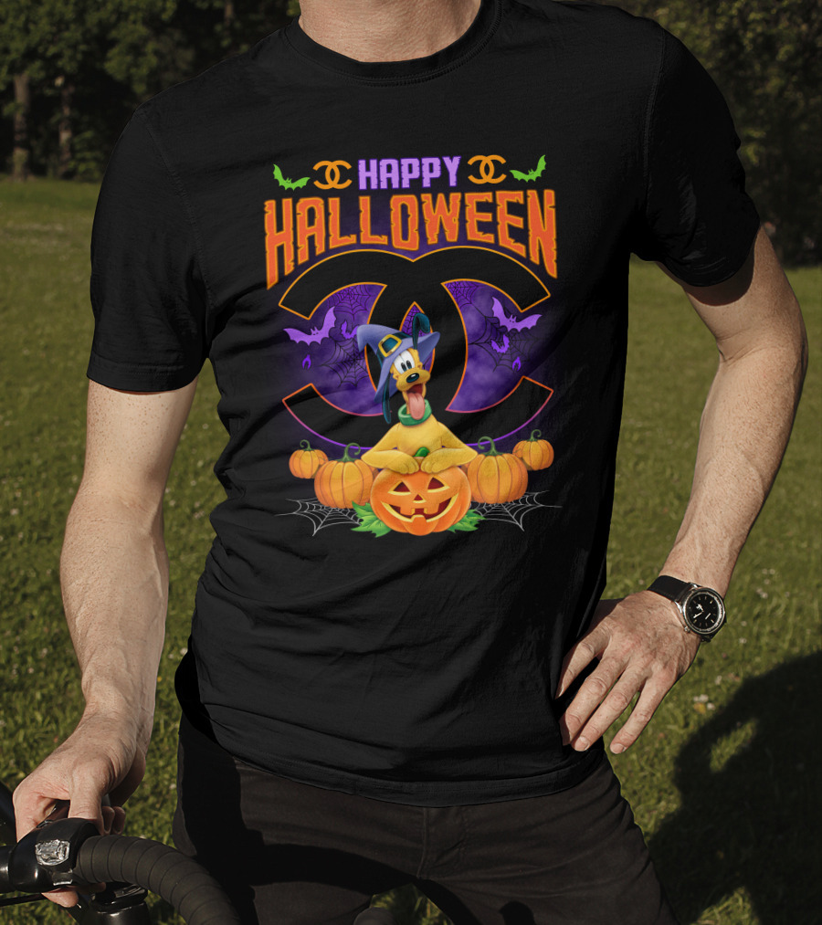 Happy Halloween Pluto Pumpkins Bat Symbols And Spider Webs T-Shirt