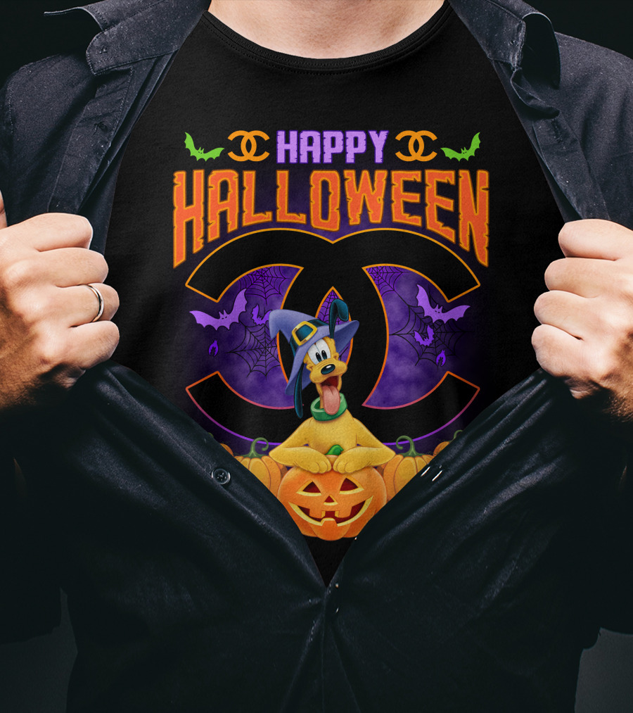 Happy Halloween Pluto Pumpkins Bat Symbols And Spider Webs T-Shirt