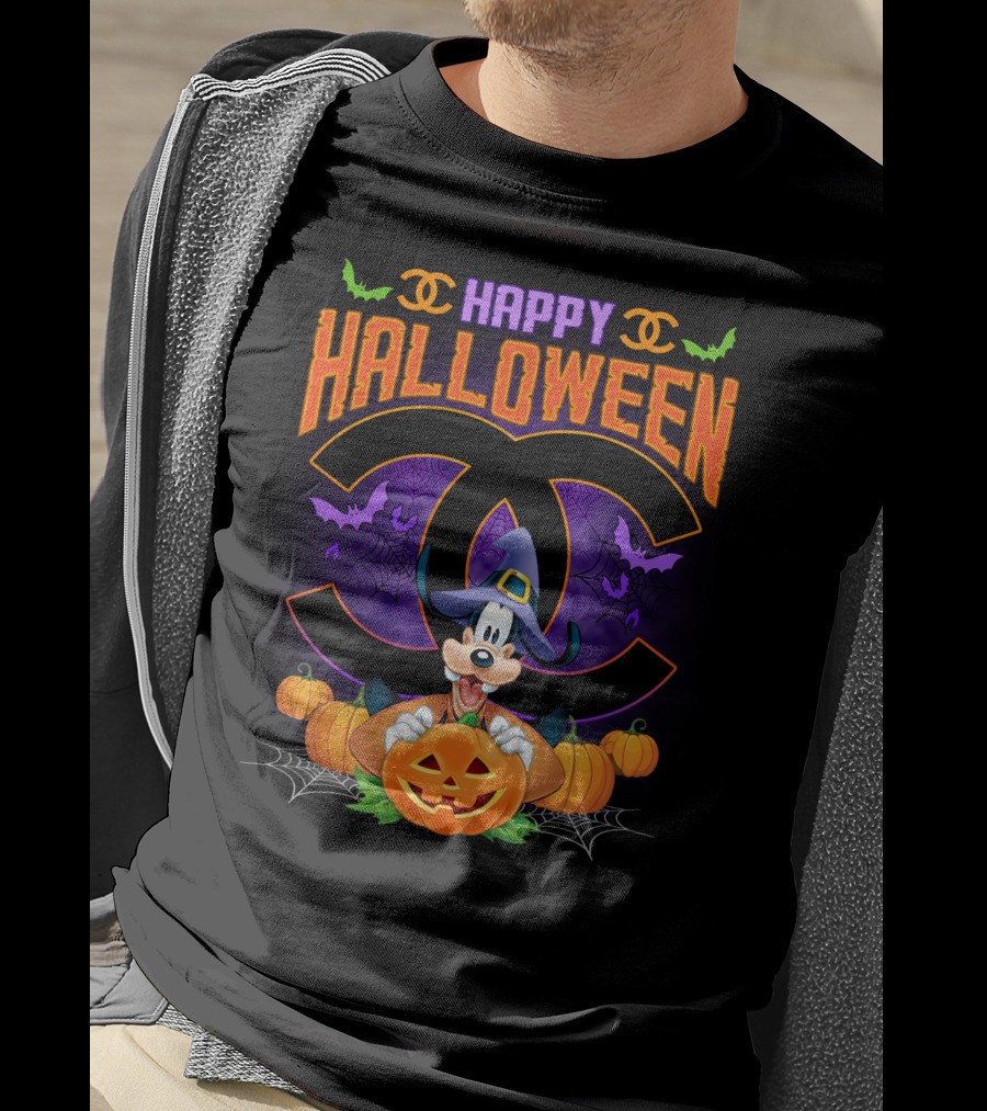 Goofy Happy Halloween Bat Pumpkin Witch Hat Spiderwebs Coco Chanel T-Shirt