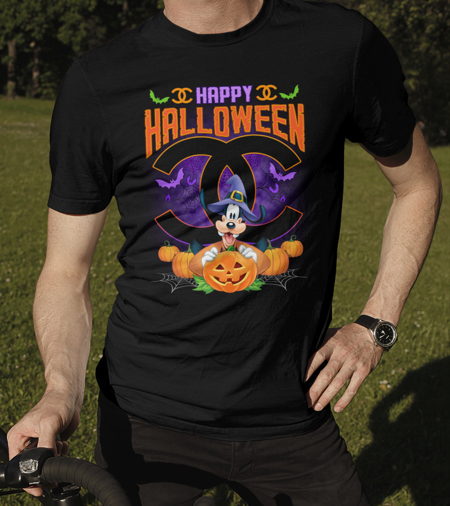 Goofy Happy Halloween Bat Pumpkin Witch Hat Spiderwebs Coco Chanel T-Shirt