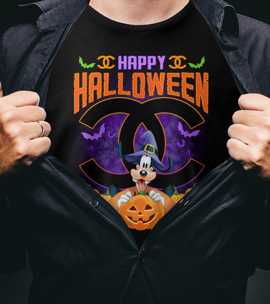 Goofy Happy Halloween Bat Pumpkin Witch Hat Spiderwebs Coco Chanel T-Shirt