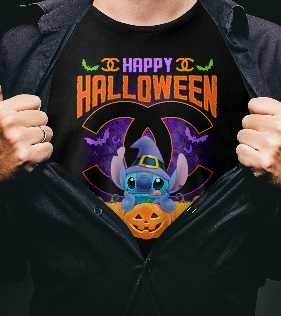 Stitch Happy Halloween Pumpkins And Bats T-Shirt
