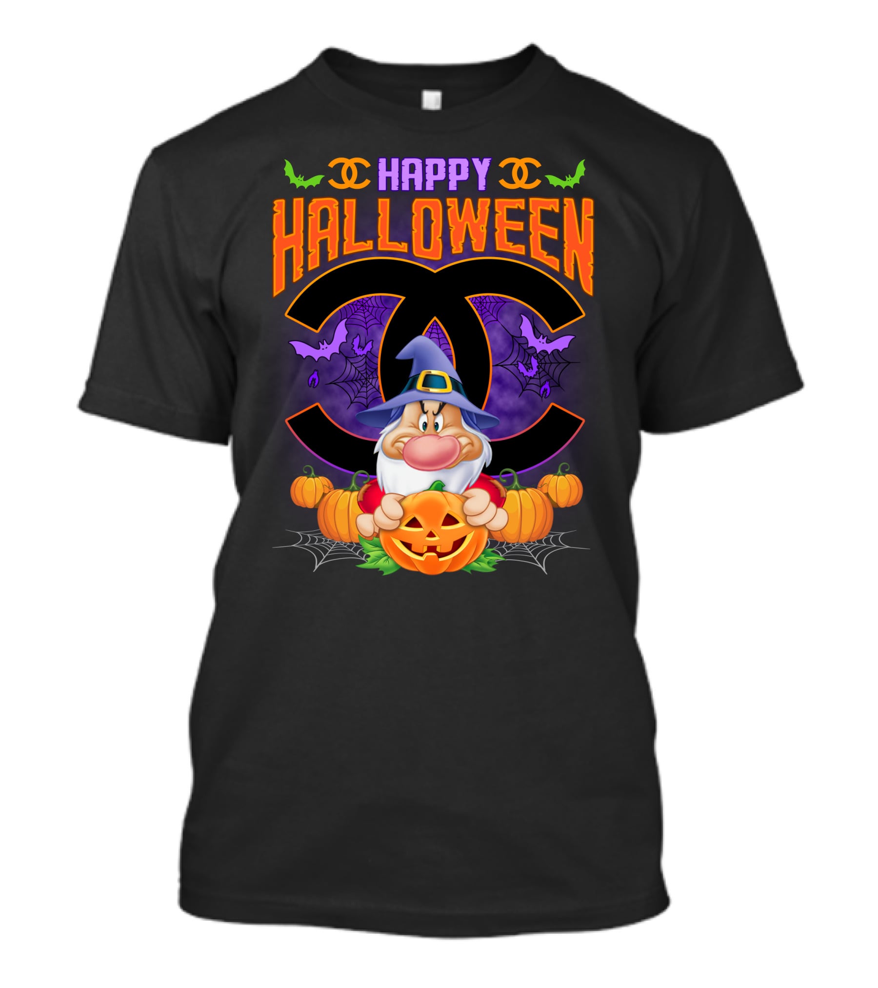 Happy Halloween Grumpy Dwarf With Pumpkins And Bat Accents On Chanel Logo Backdrop T-Shirt