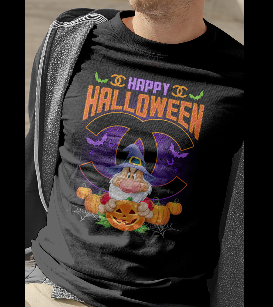 Happy Halloween Grumpy Dwarf With Pumpkins And Bat Accents On Chanel Logo Backdrop T-Shirt