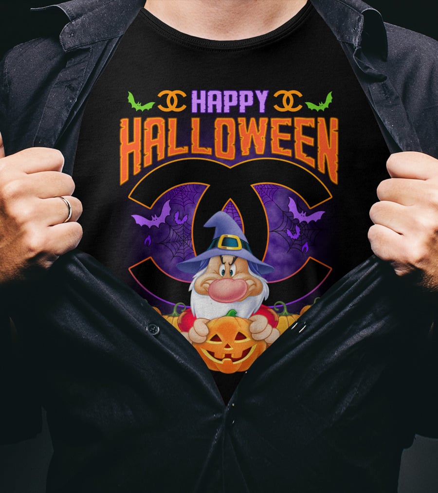 Happy Halloween Grumpy Dwarf With Pumpkins And Bat Accents On Chanel Logo Backdrop T-Shirt