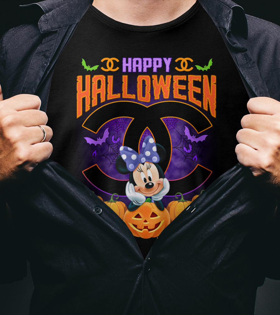 Minnie Happy Halloween Pumpkins Bat Spiderwebs Bow T-Shirt