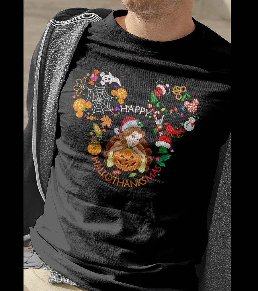 Happy Hallothanksmas Belle Pumpkin Mickey Ears Holiday Spirits T-Shirt