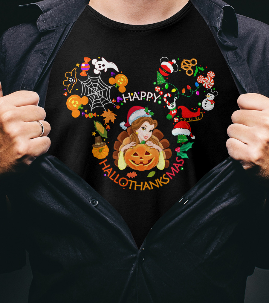 Happy Hallothanksmas Belle Pumpkin Mickey Ears Holiday Spirits T-Shirt