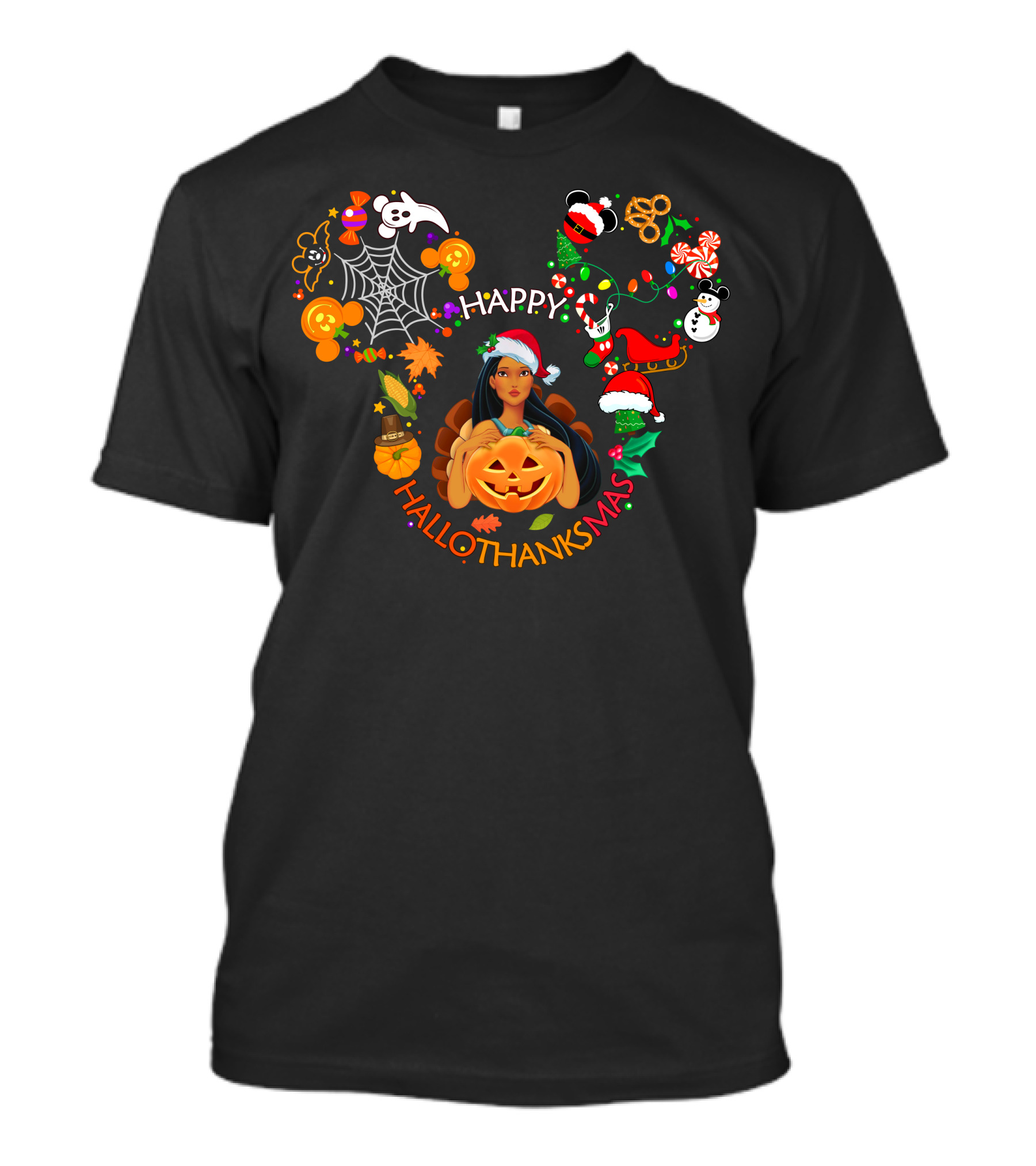 Happy Hallothanksmas Mickey Ear Pumpkin Spiderweb Christmas Elements T-Shirt