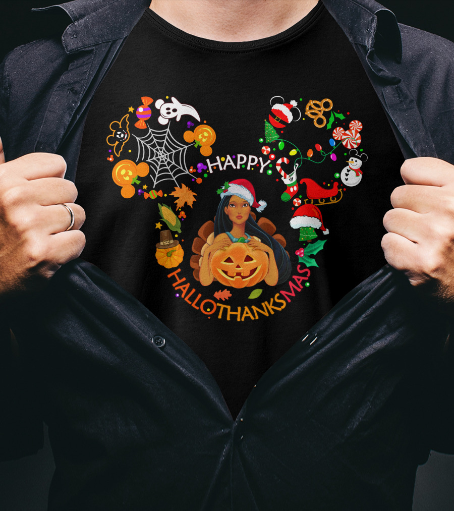 Happy Hallothanksmas Mickey Ear Pumpkin Spiderweb Christmas Elements T-Shirt