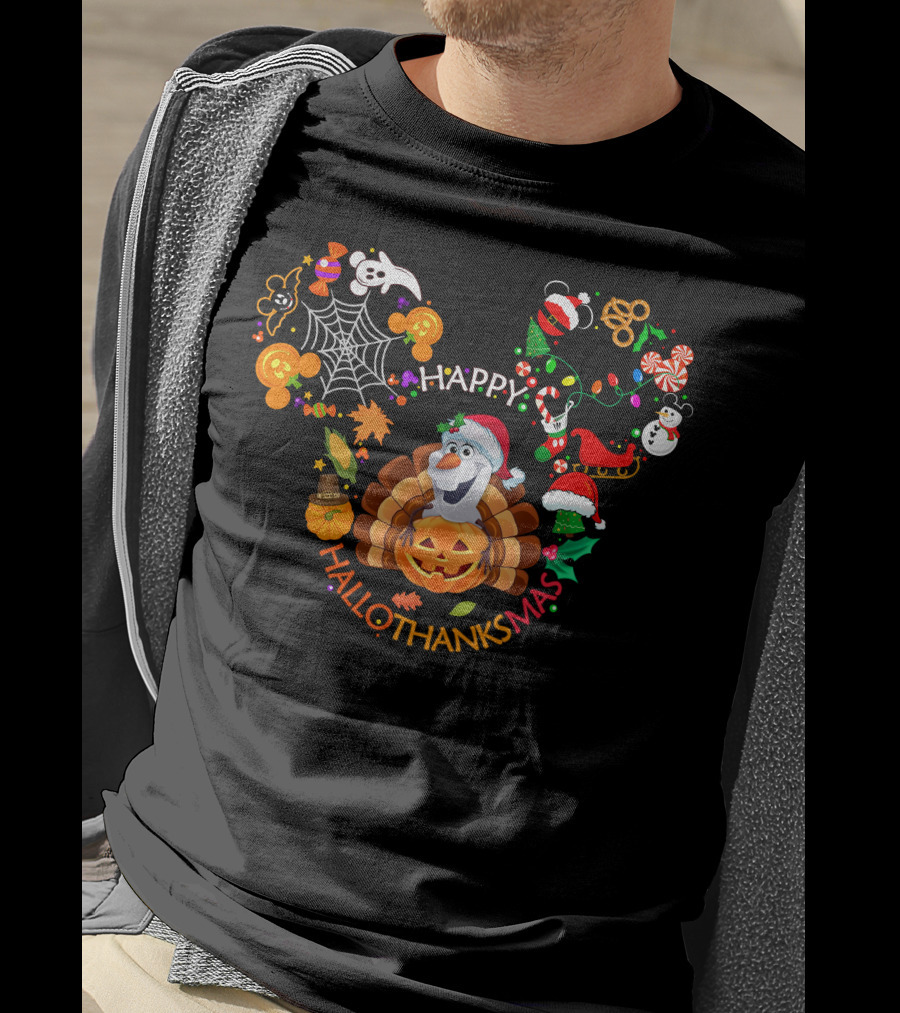 Happy Hallothanksmas Olaf Pumpkin Turkey Santa Hat T-Shirt