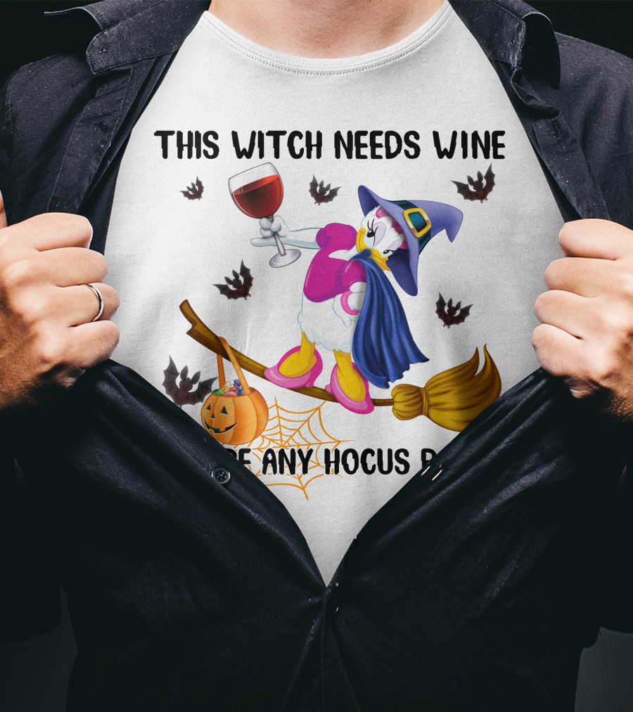 This Witch Needs Wine Before Any Hocus Pocus Daisy Halloween Broomstick Pumpkin Bat Spiderweb T-Shirt