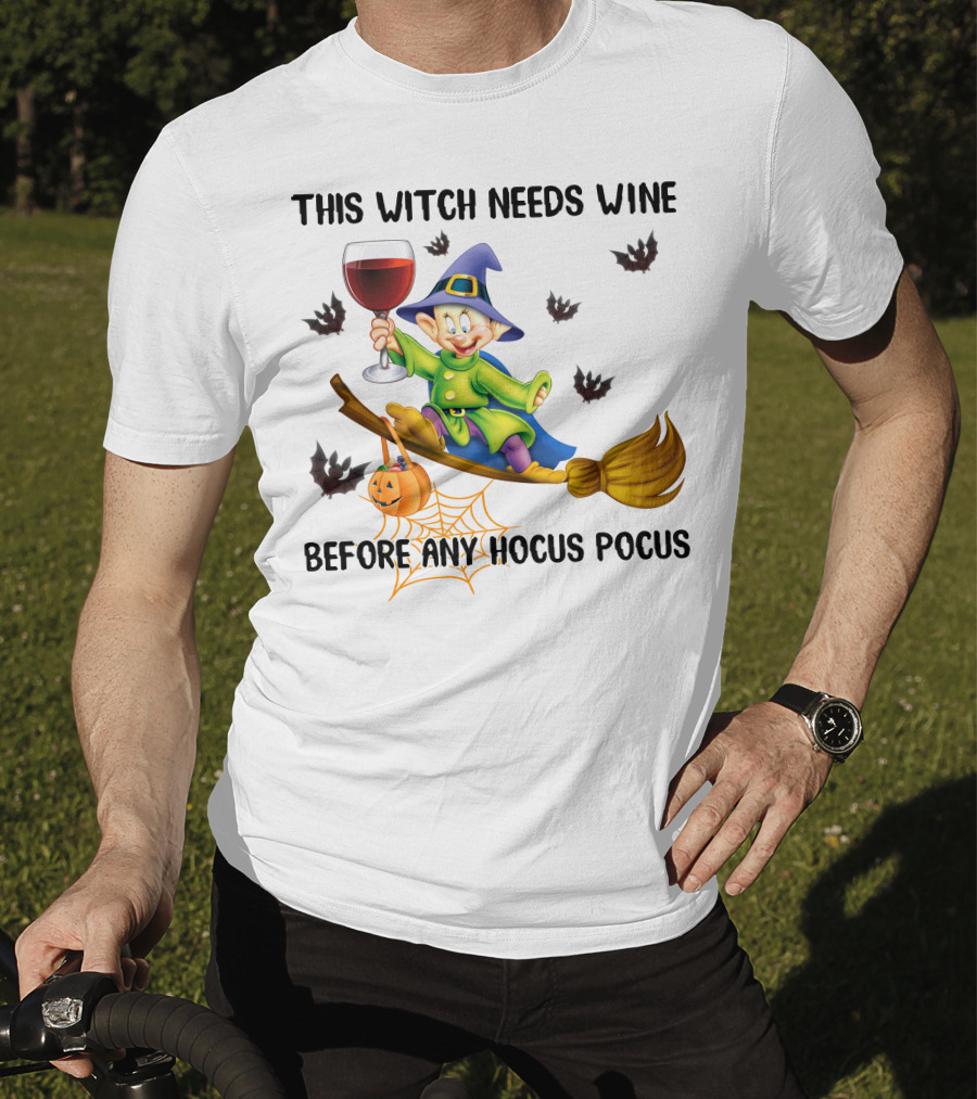 This Witch Needs Wine Before Any Hocus Pocus Dopey Halloween Bats Pumpkin T-Shirt