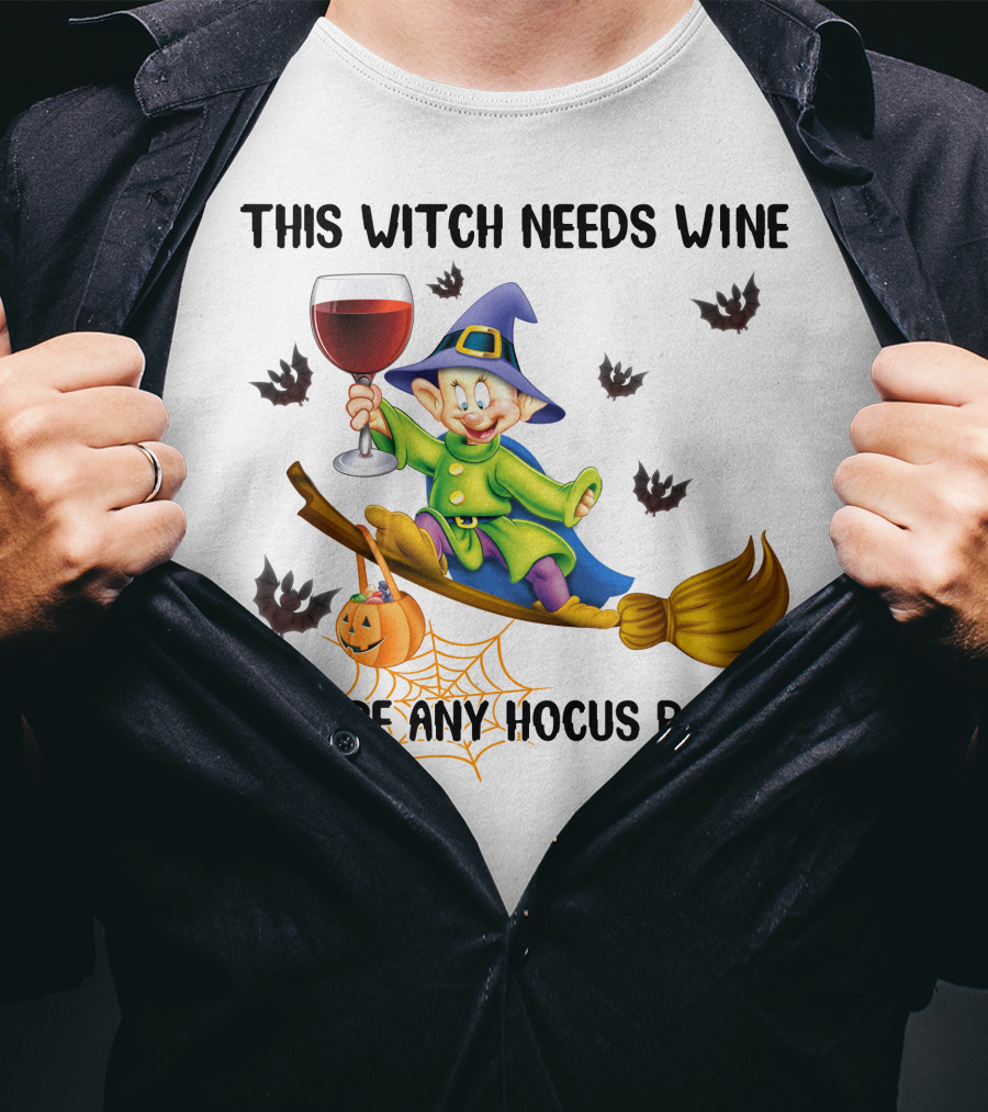 This Witch Needs Wine Before Any Hocus Pocus Dopey Halloween Bats Pumpkin T-Shirt