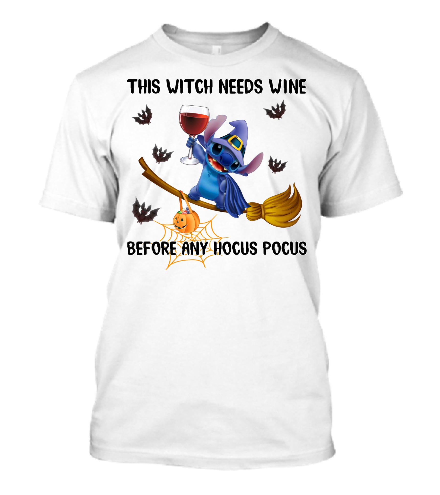 This Witch Needs Wine Before Any Hocus Pocus Stitch Broom Jack O' Lantern Bat T-Shirt