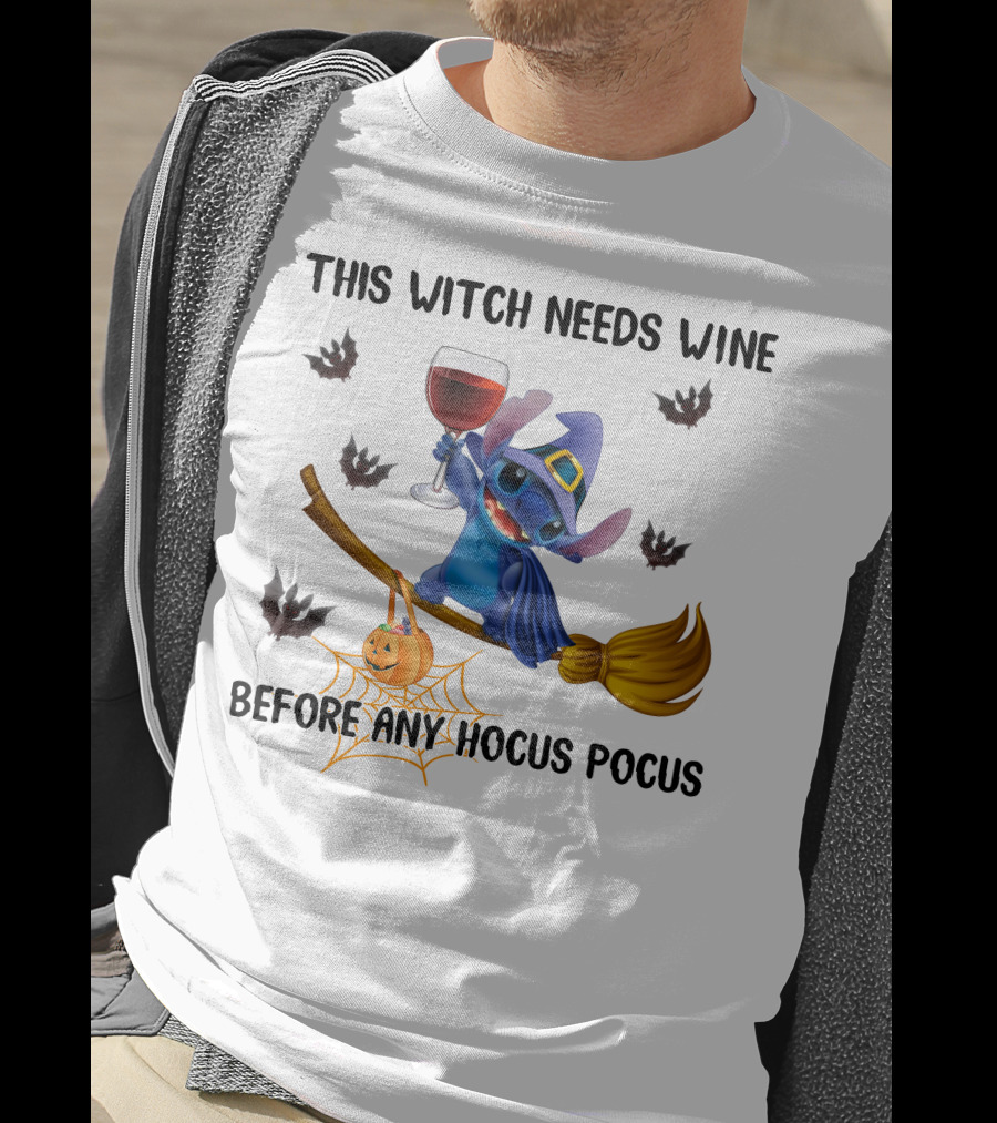 This Witch Needs Wine Before Any Hocus Pocus Stitch Broom Jack O' Lantern Bat T-Shirt
