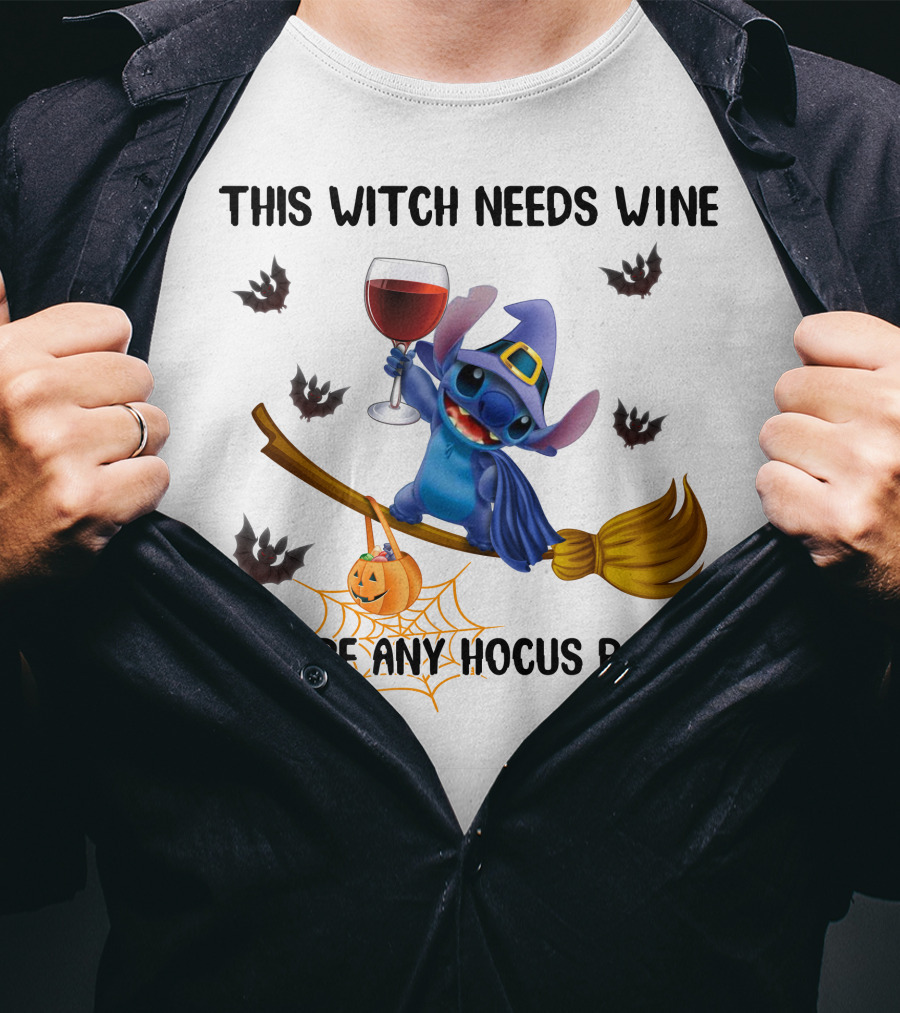 This Witch Needs Wine Before Any Hocus Pocus Stitch Broom Jack O' Lantern Bat T-Shirt