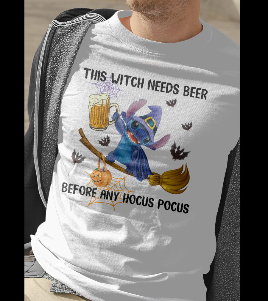 This Witch Needs Beer Before Any Hocus Pocus Stitch Broom Pumpkin Bats T-Shirt