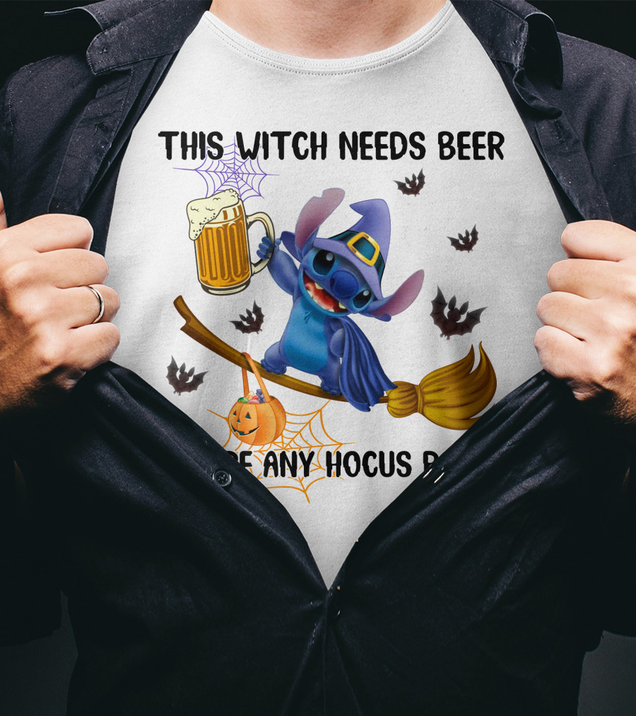 This Witch Needs Beer Before Any Hocus Pocus Stitch Broom Pumpkin Bats T-Shirt