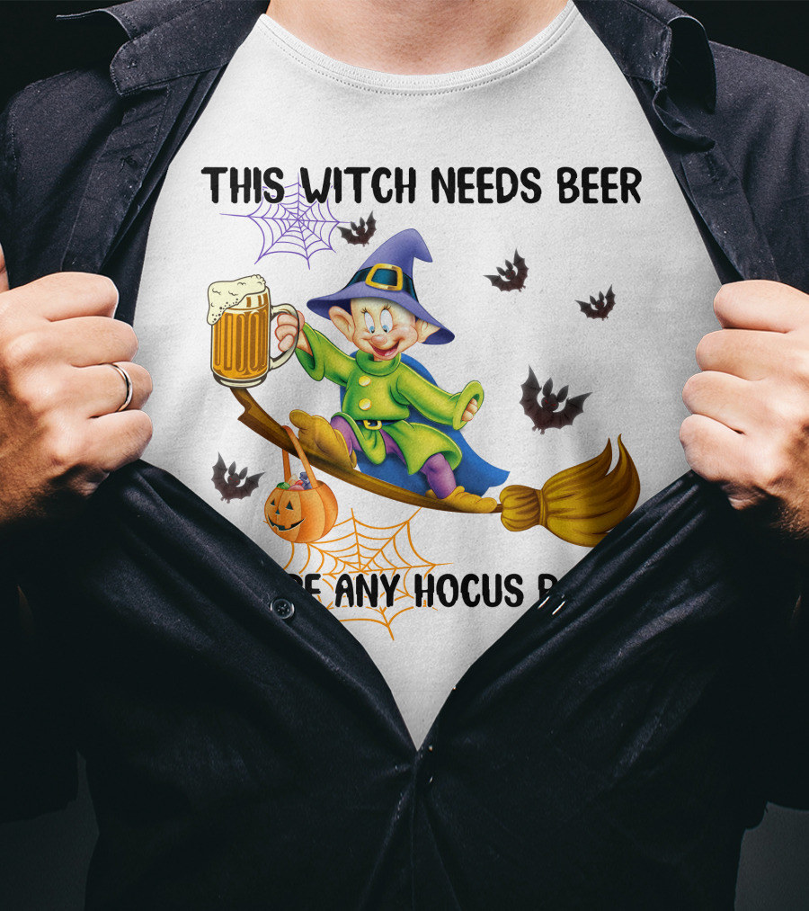This Witch Needs Beer Before Any Hocus Pocus Dopey Character Broomstick Halloween Bats Spiders T-Shirt