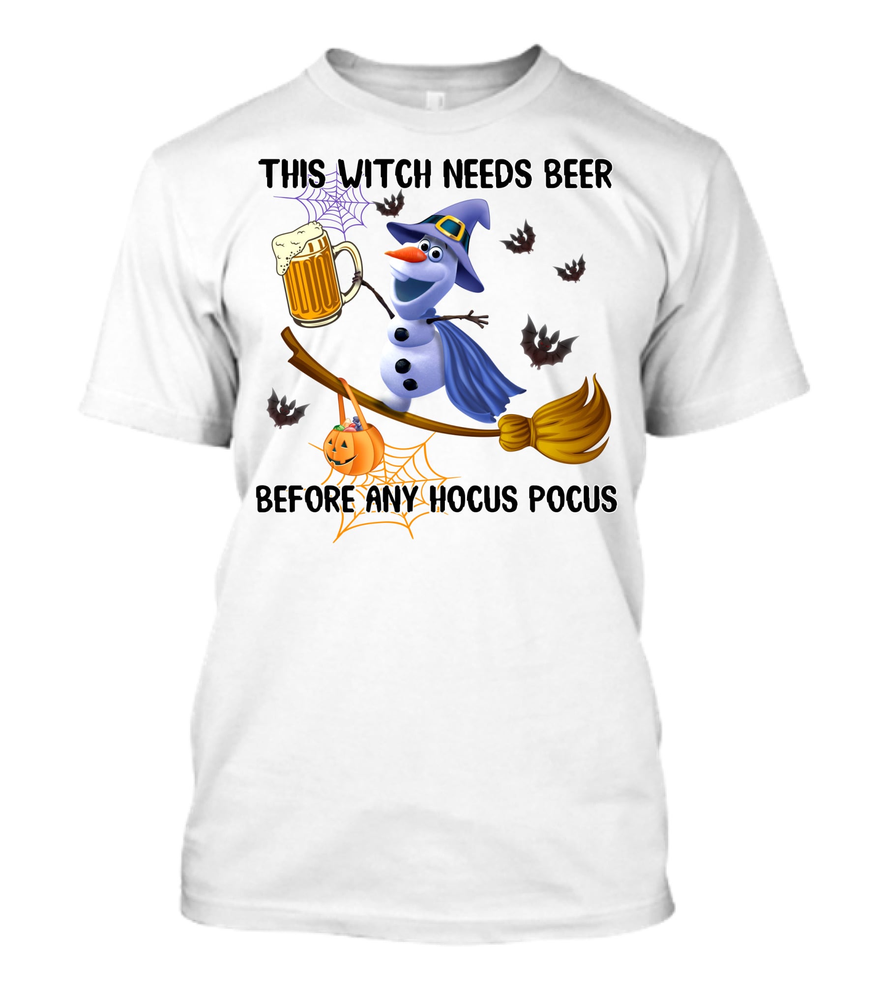 This Witch Needs Beer Before Any Hocus Pocus Olaf Broomstick Halloween Pumpkin T-Shirt
