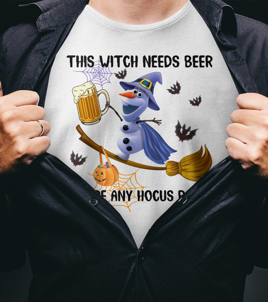 This Witch Needs Beer Before Any Hocus Pocus Olaf Broomstick Halloween Pumpkin T-Shirt