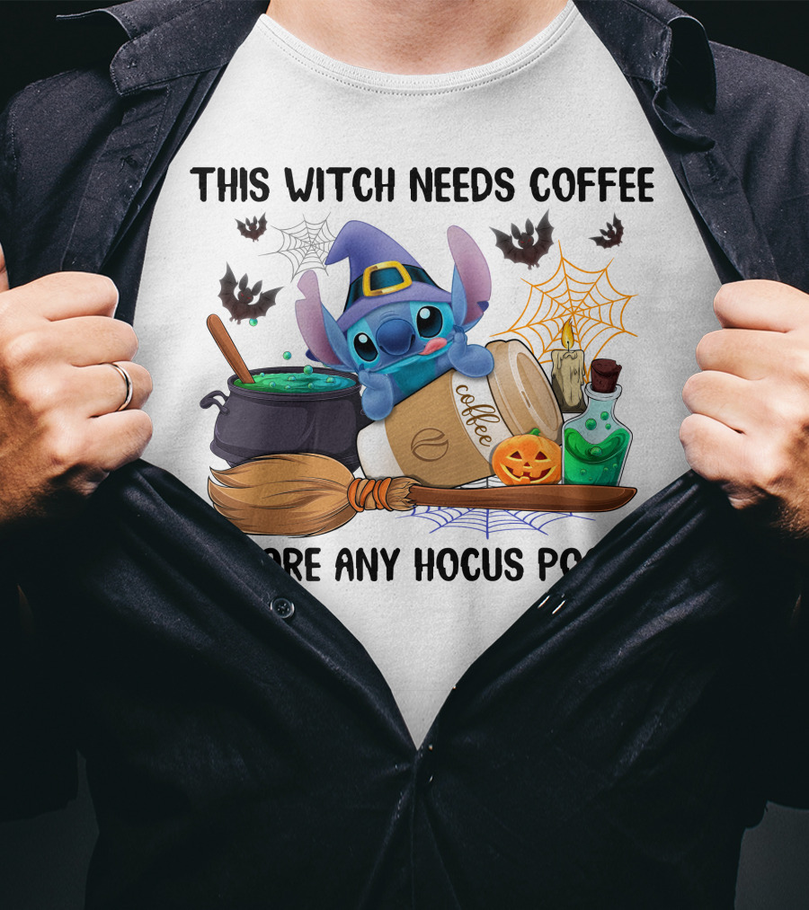 This Witch Needs Coffee Before Any Hocus Pocus Stitch Halloween T-Shirt
