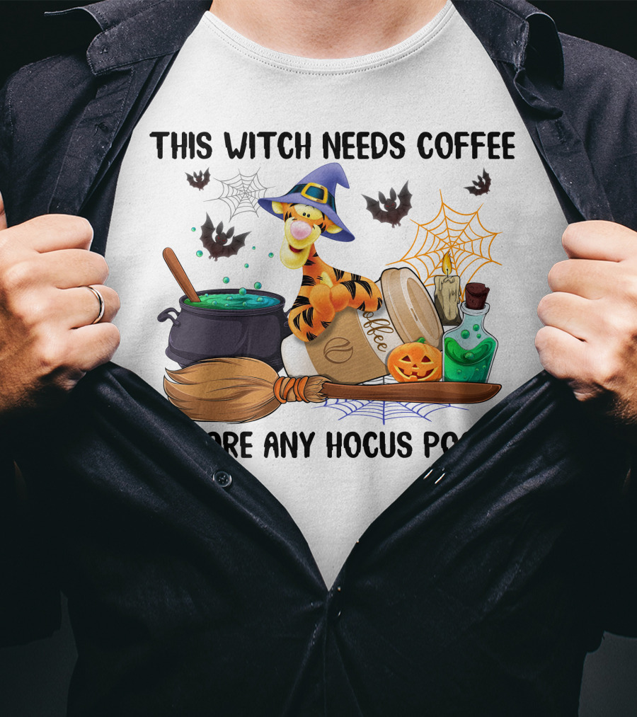 This Witch Needs Coffee Before Any Hocus Pocus Tigger With Broomstick And Pumpkin Batwing Cauldron And Candle T-Shirt