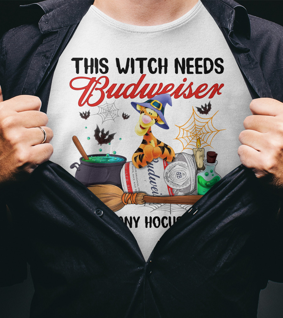 This Witch Needs Budweiser Before Any Hocus Pocus Tigger Halloween Fiesta T-Shirt